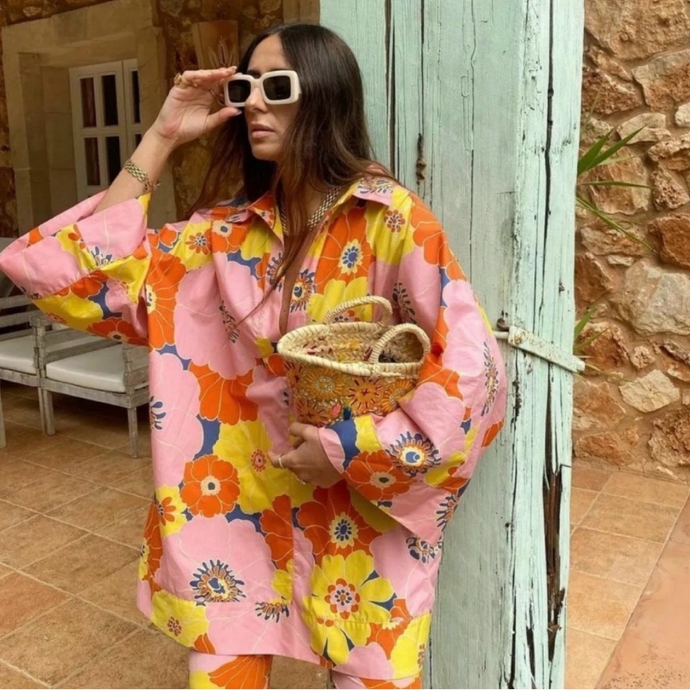 Zara Retro Pink Orange Yellow Floral Printed Oversized Tunic Size Small with hat - Picture 3 of 10
